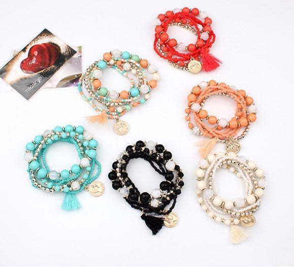 Bohemian head coin mixed color rice beads multi-layer bracelet tassel multi-layer elastic bracelet - FASHIONKULTUR