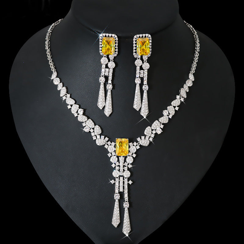 Full Diamond Flower Zircon Jewelry Suit Necklace Silver Pin Earrings - FASHIONKULTUR