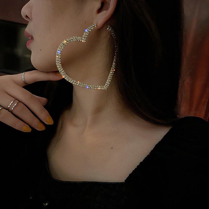 Silver Pin Exaggerated Full Diamond Love Earrings Fashion - FASHIONKULTUR