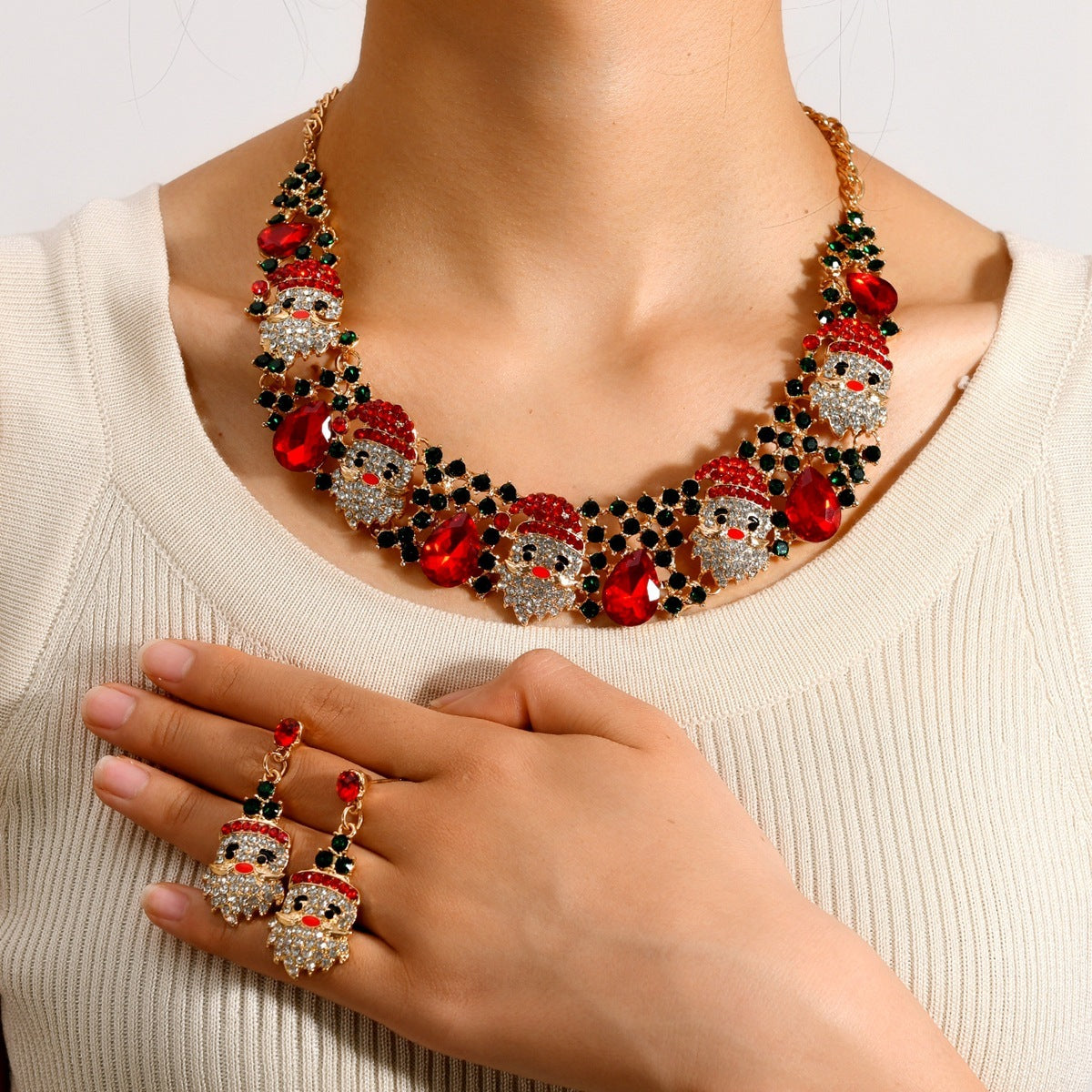3pcs Christmas Necklace Earrings Set With Colored Rhinestones Ins Fashionable Shiny Santa Claus Necklace For Womens Jewelry - FASHIONKULTUR
