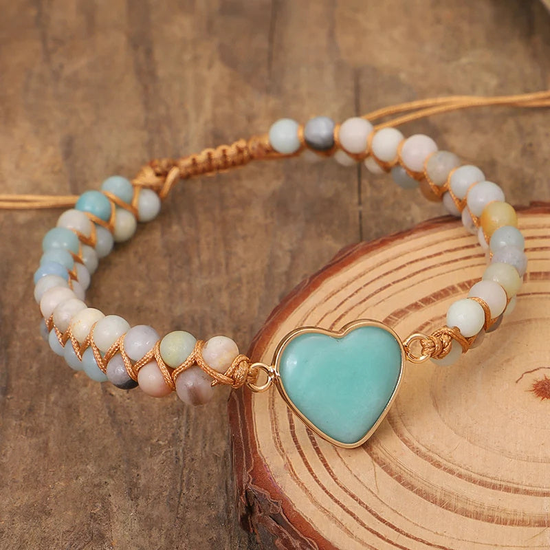 Classic Heart Shape Charm Bracelets Amazonite String Braided Macrame Wristband Teengirls Wrap Bracelet Femme Women Jewelry - FASHIONKULTUR
