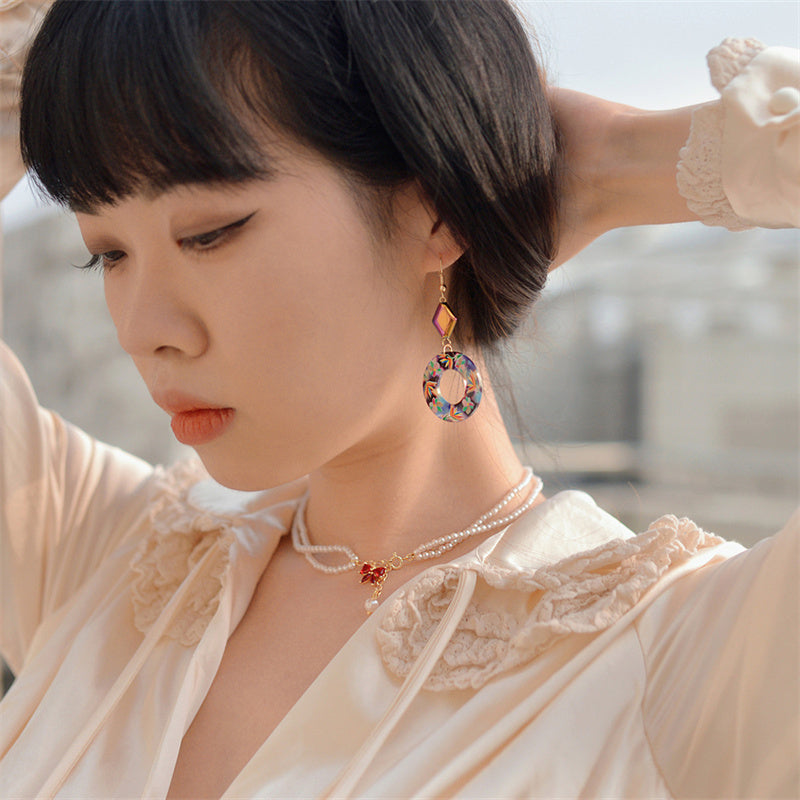 Vintage Embossed Flower Blue Circle Vacation Silver Earrings - FASHIONKULTUR