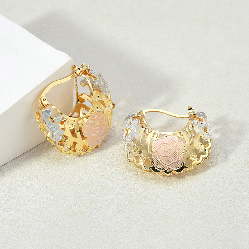 Hollow Rosette Earrings With Gold Contrast Hoops - FASHIONKULTUR