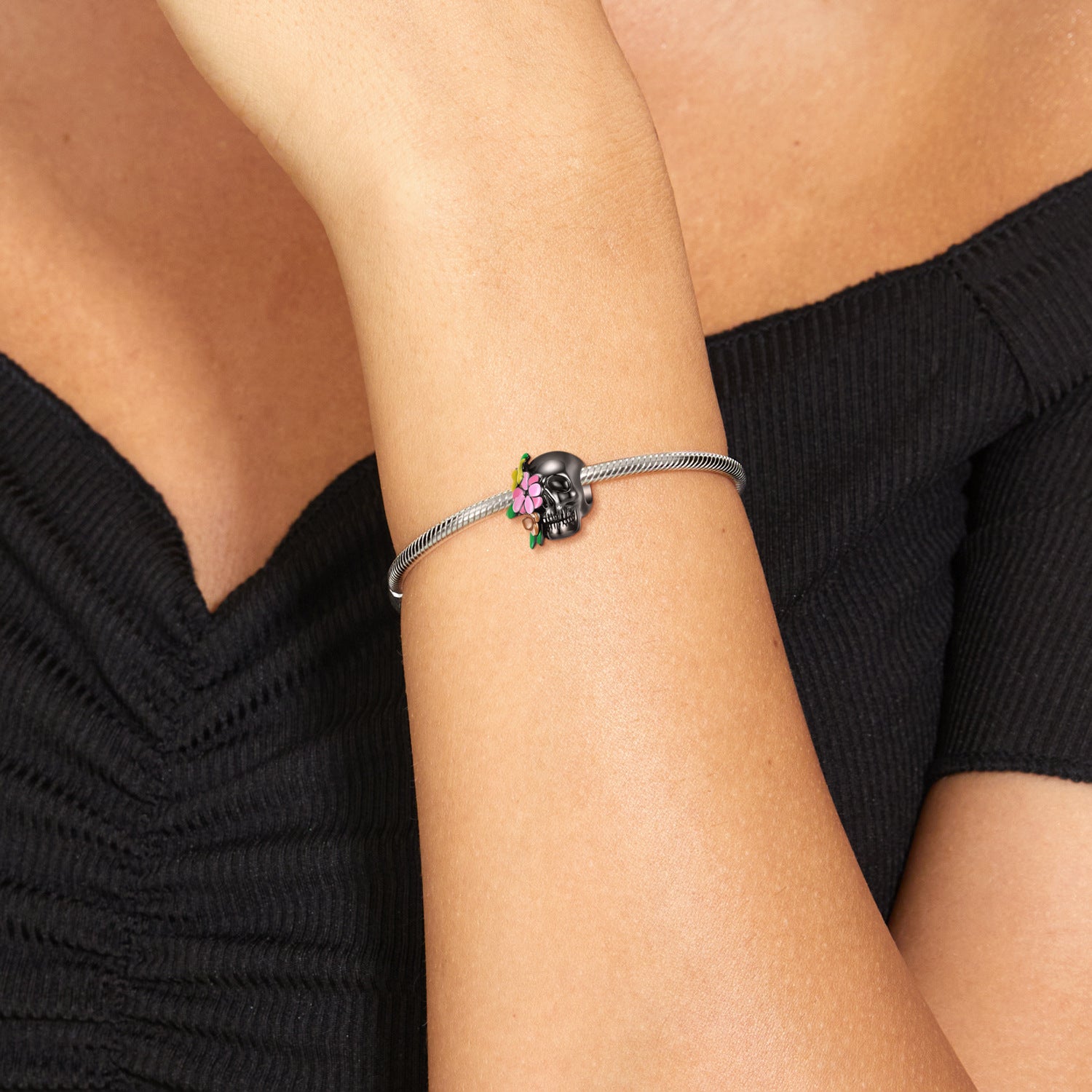 Skull Head And Flower Beads Exaggerated And Personalized S925 Silver DIY Beaded Bracelet Accessories - FASHIONKULTUR
