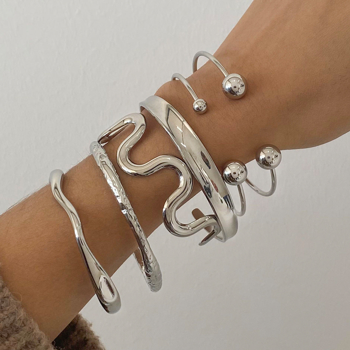 Stainless Steel Irregular Texture Spherical Open-ended Bracelet - FASHIONKULTUR