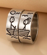 Cartoon Love Pair Ring Set With Geometric Letters - FASHIONKULTUR