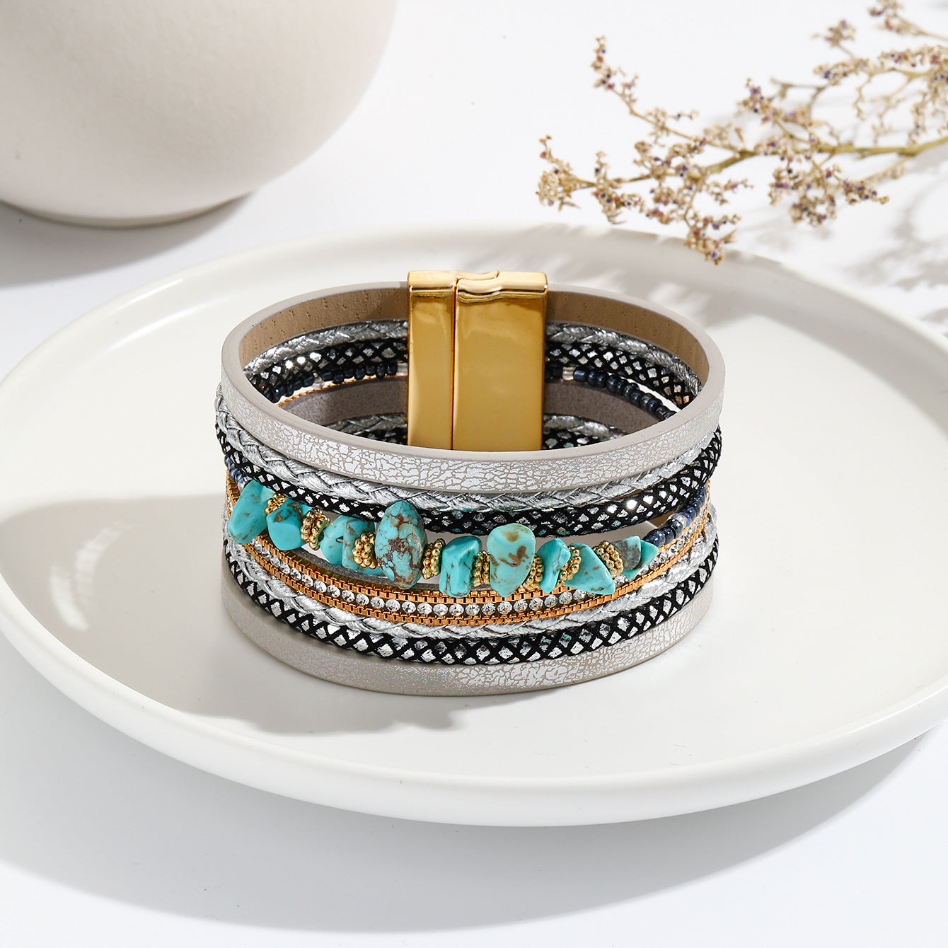 Irregular Turquoise Design Wide-brimmed Leather Bracelet Creative Rhinestone-encrusted - FASHIONKULTUR