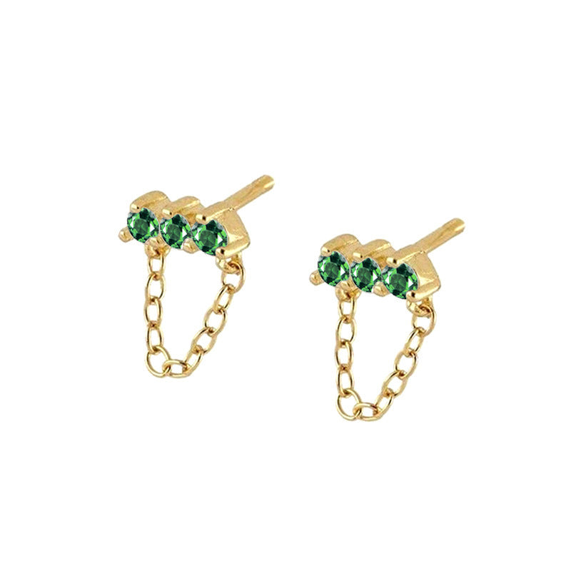 Sterling Silver Needle Simple Three Zircon Hanging Ear Chain Earrings - FASHIONKULTUR