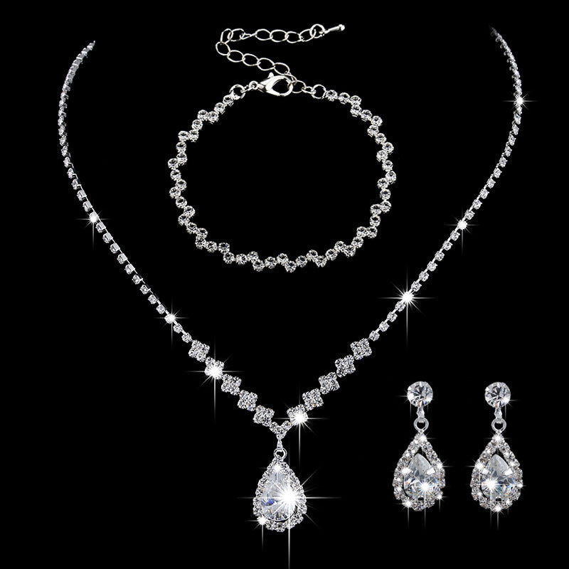 Brilliant Full Diamond Zircon Water Drop Necklace Eardrop Jewelry Set - FASHIONKULTUR