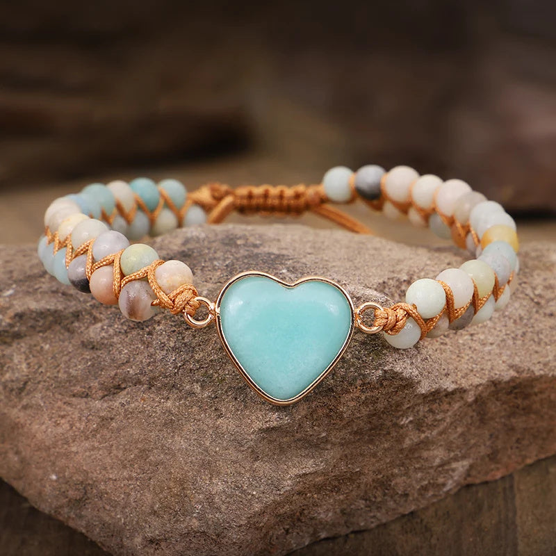 Classic Heart Shape Charm Bracelets Amazonite String Braided Macrame Wristband Teengirls Wrap Bracelet Femme Women Jewelry - FASHIONKULTUR