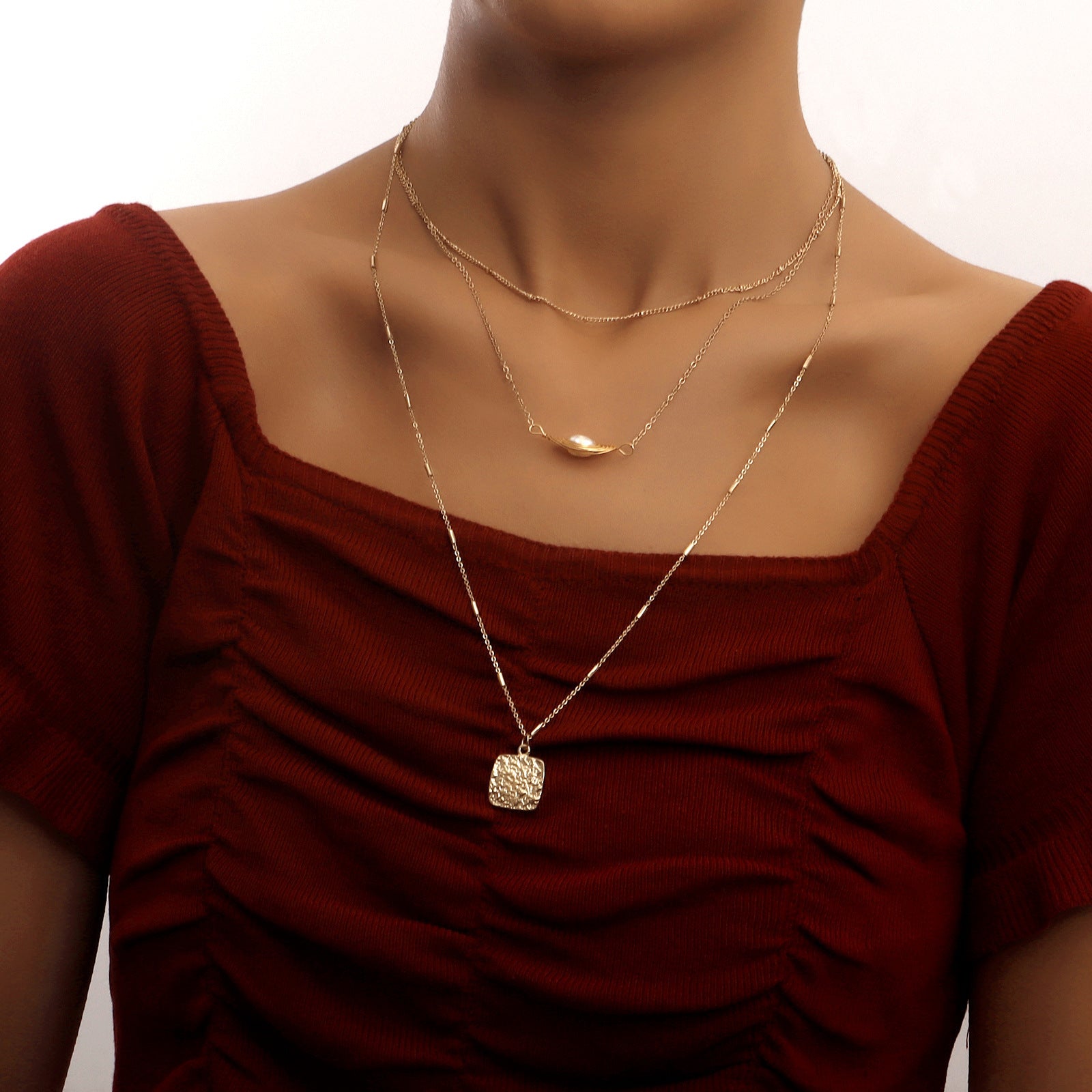 Jewelry Ins Multilayer Spider Web Pearl Square Pendant Necklace Women - FASHIONKULTUR