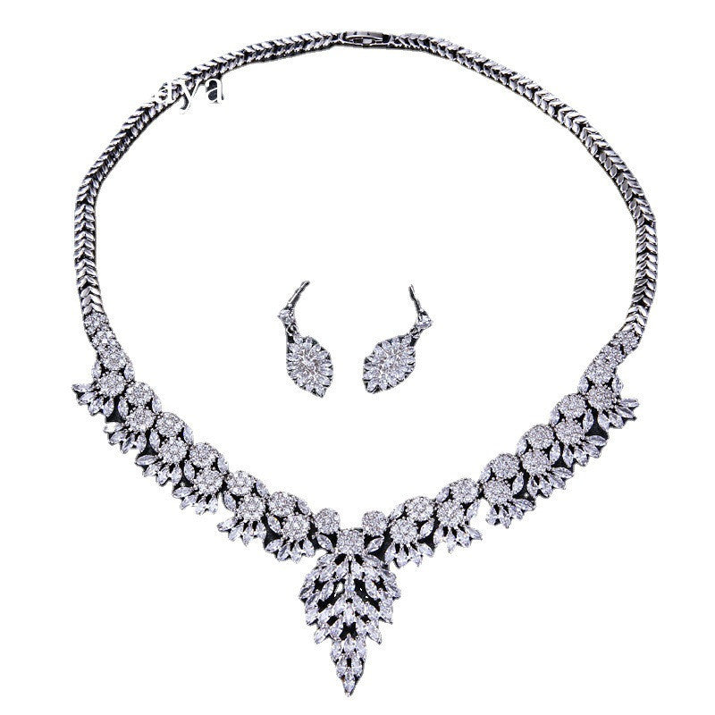 Jewelry Leaf Two Piece Bridal Zircon Set - FASHIONKULTUR