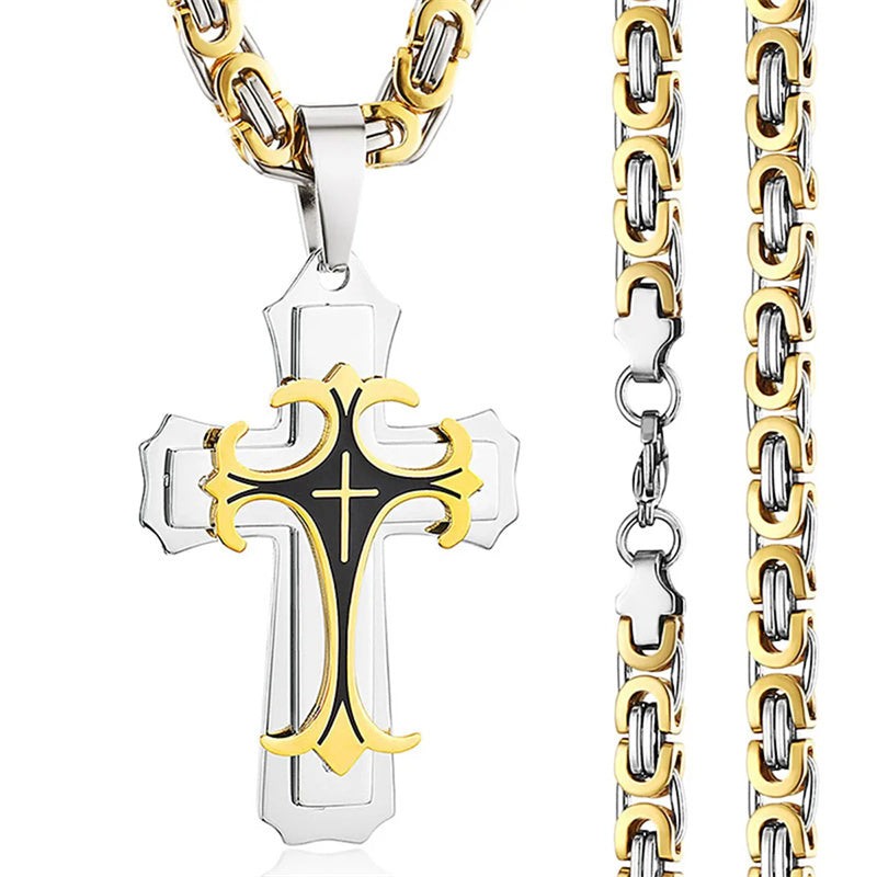 Fashion Jewelry Christian Trinity Latin Cross Necklace For Men Stainless Steel Three Layers Cross Pendants Necklaces Jewelry Gift - FASHIONKULTUR