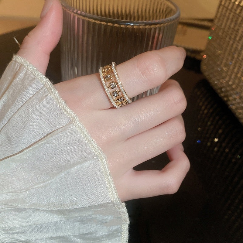 Pearl Hollowed-out Square Open-end Zircon Ring European And American Fashion Ring Female Jewelry - FASHIONKULTUR