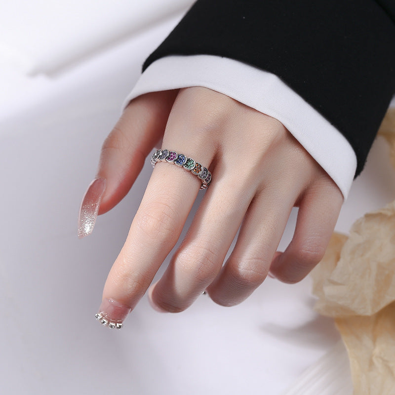 925 Sterling Silver Color Diamond Index Finger Ring Women's Retro Scale Design - FASHIONKULTUR