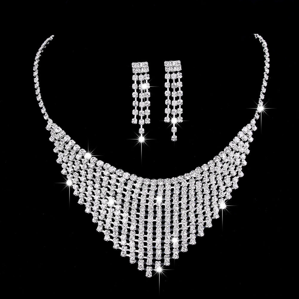 Brilliant Full Diamond Zircon Water Drop Necklace Eardrop Jewelry Set - FASHIONKULTUR