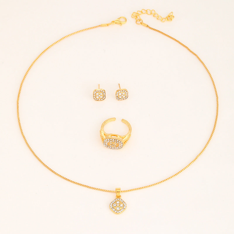 Diamond Geometric Necklace Ring Earrings 3-piece Set - FASHIONKULTUR