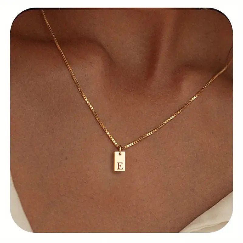 Stainless Steel Corrosion Carved 26 Letters Square Pendant Women's Necklace - FASHIONKULTUR