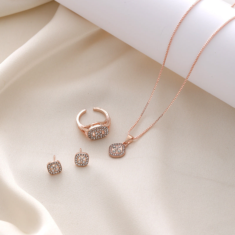 Diamond Geometric Necklace Ring Earrings 3-piece Set - FASHIONKULTUR