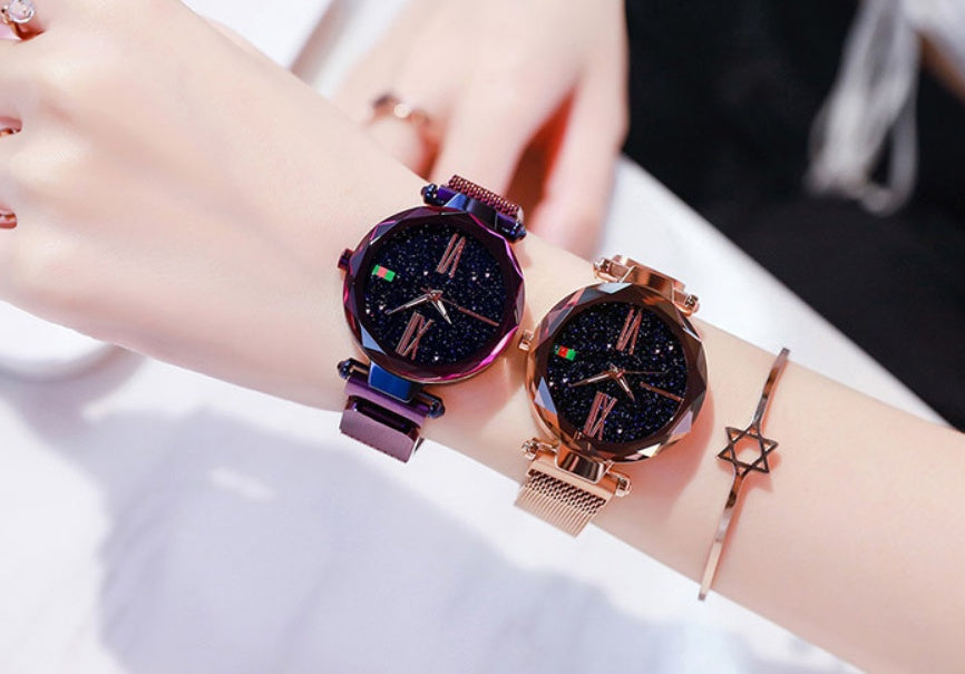 Luxury Women Watches Mesh Ladies Clock Magnet Buckle Starry Diamond Geometric Surface Quartz Wristwatch - FASHIONKULTUR