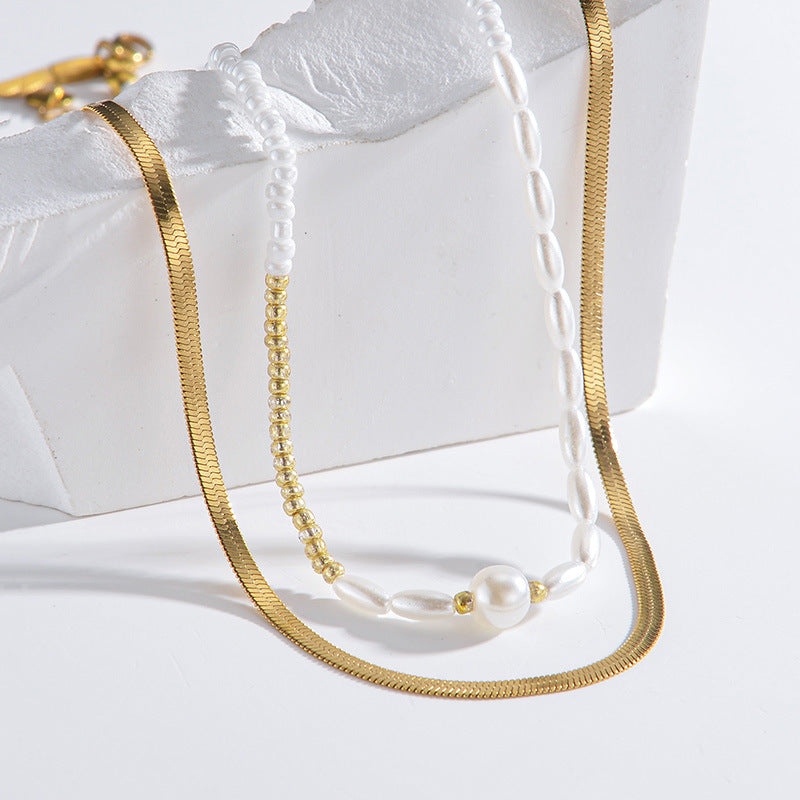 White Beaded Pearl Chain Double-layer Necklace - FASHIONKULTUR