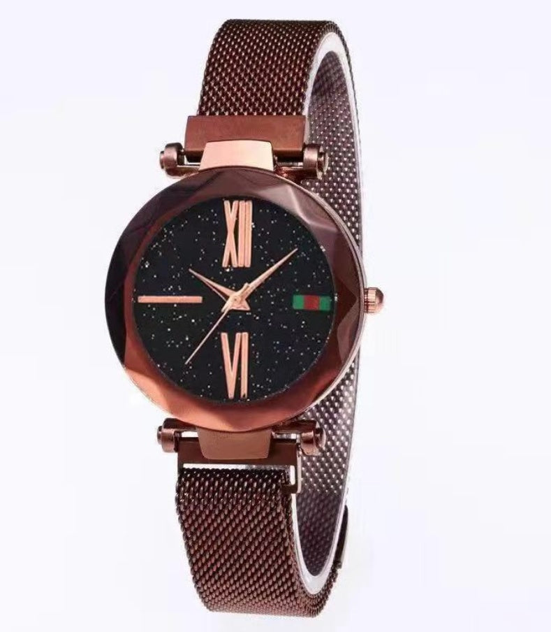 Luxury Women Watches Mesh Ladies Clock Magnet Buckle Starry Diamond Geometric Surface Quartz Wristwatch - FASHIONKULTUR