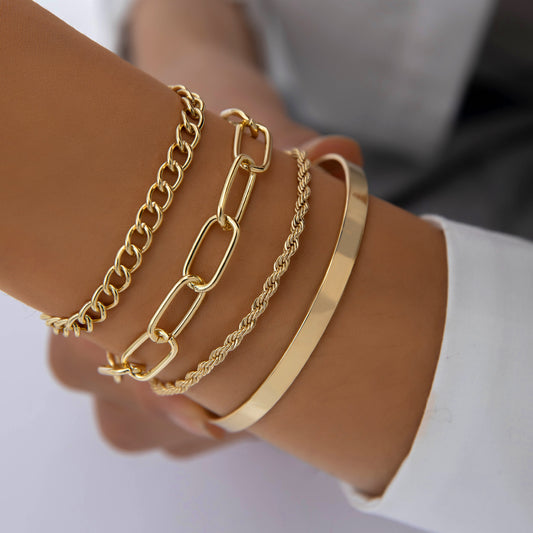 Exaggerated And Minimalist Gold Thick Chain Bracelet Set Of Four Pieces - FASHIONKULTUR