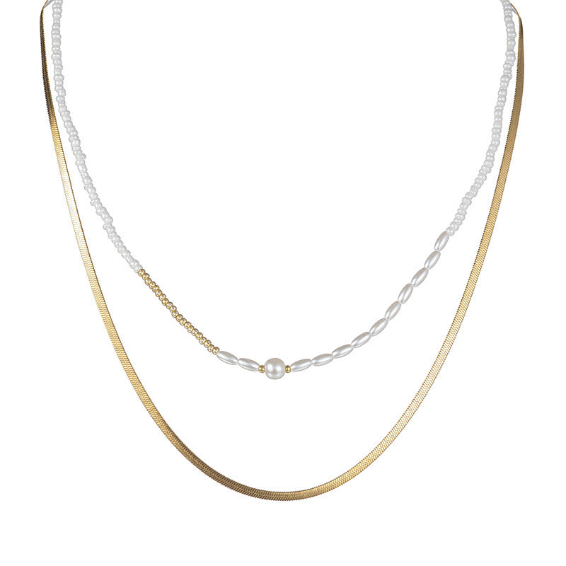 White Beaded Pearl Chain Double-layer Necklace - FASHIONKULTUR