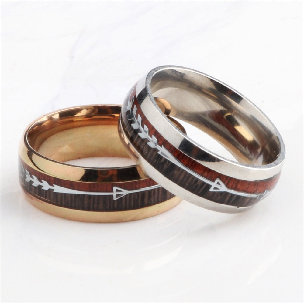 Stainless Steel Wood Grain Arrow Inlaid Ring - FASHIONKULTUR