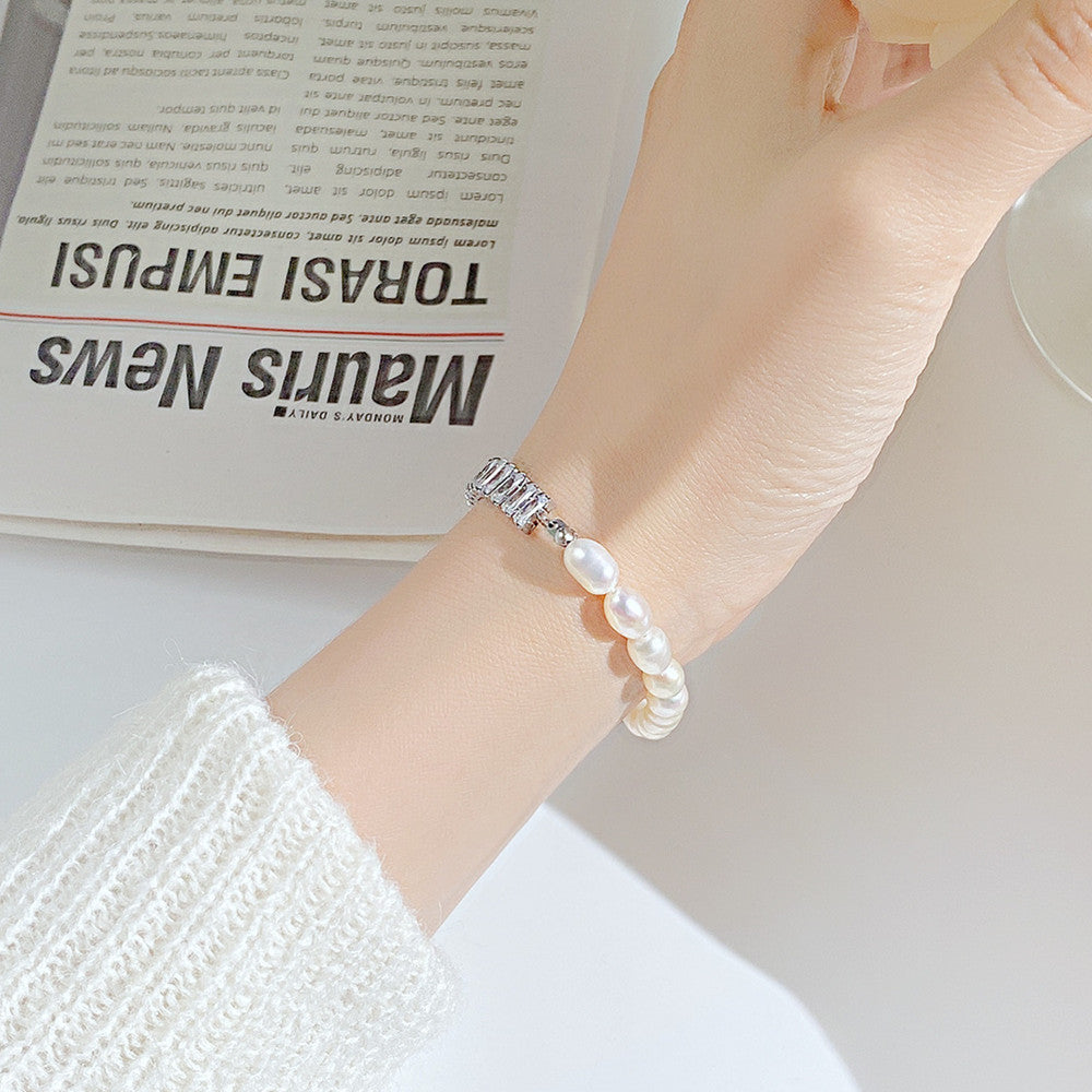 Stainless Steel Bracelet With Natural Freshwater Pearl And Chain Set Zircon - FASHIONKULTUR