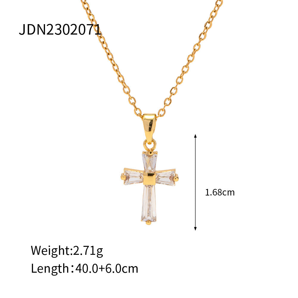 European And American Ins Style 18K Gold Stainless Steel Inlaid White Zircon Square Geometric Pendant Necklace - FASHIONKULTUR