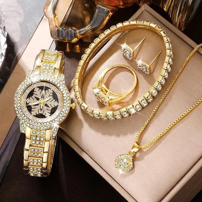 Snowflake Pattern Watch Luxury Full Rhinestone Jewelry Five-piece Set - FASHIONKULTUR