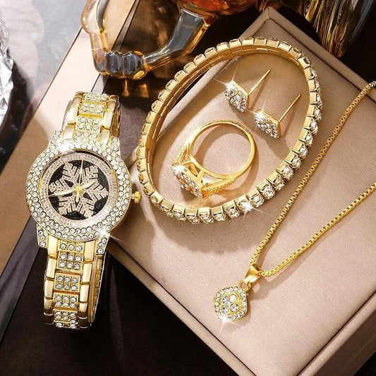 Snowflake Pattern Watch Luxury Full Rhinestone Jewelry Five-piece Set - FASHIONKULTUR