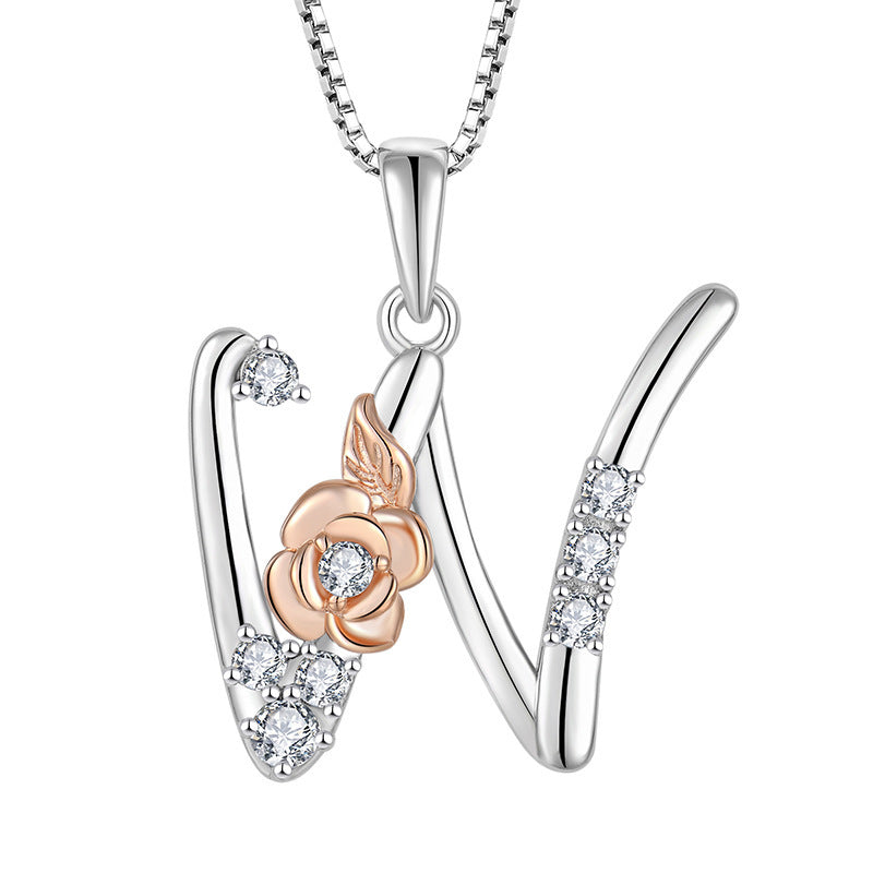 925 Sterling Silver Necklace Jewellery Female Collarbone Chain Hundred With English 26 Letters Zircon Pendant - FASHIONKULTUR