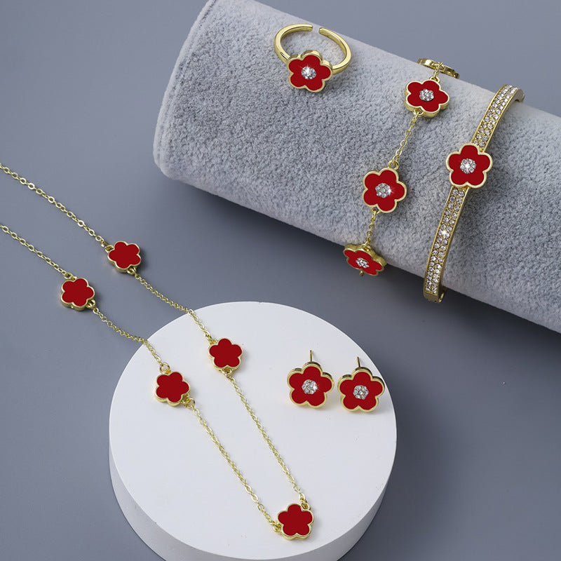 Ear Stud Necklace Set Of Five Petal Flower Jewelry European And American Five Leaves Flower Ornaments Suit - FASHIONKULTUR