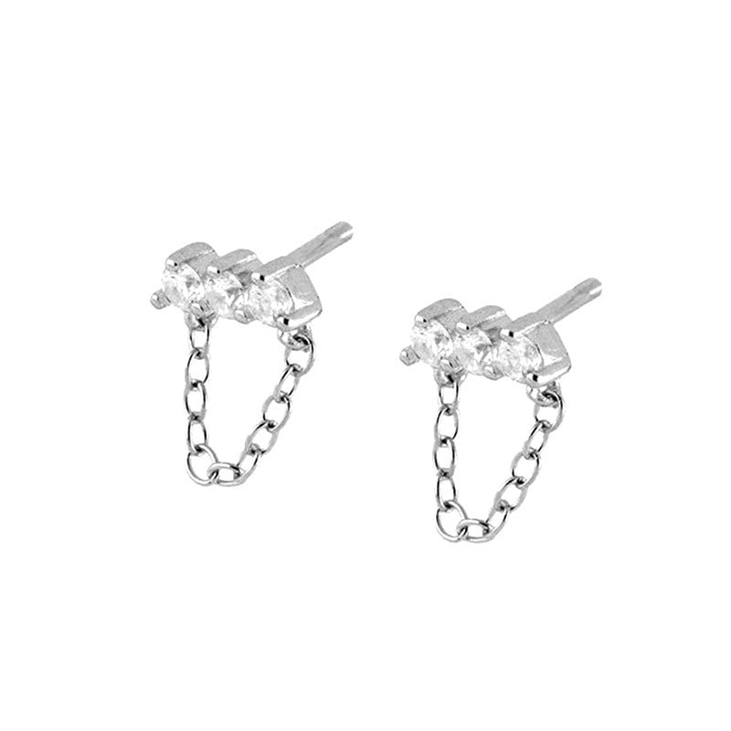 Sterling Silver Needle Simple Three Zircon Hanging Ear Chain Earrings - FASHIONKULTUR
