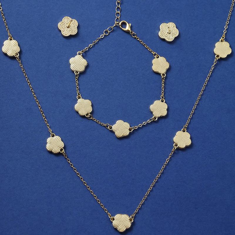 Lucky Five Petal Flower Ear Stud Necklace Bracelet Three-piece Set - FASHIONKULTUR