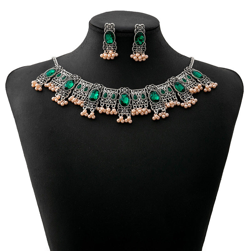 Vintage Emerald Earrings Ethnic Style Square Tassel Bead Pendant Jewelry Suit - FASHIONKULTUR