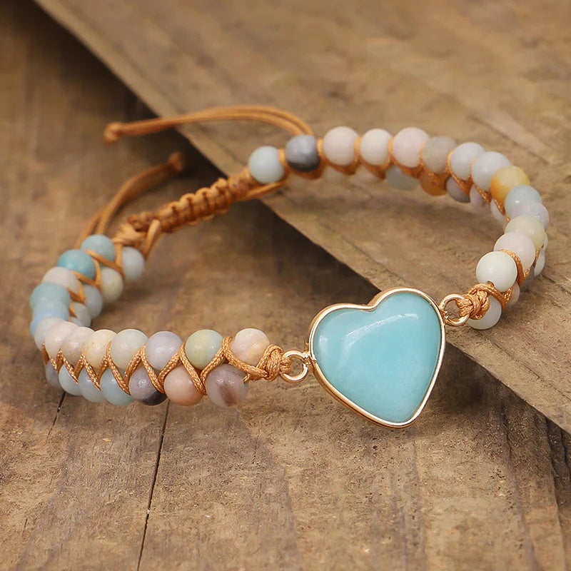 Classic Heart Shape Charm Bracelets Amazonite String Braided Macrame Wristband Teengirls Wrap Bracelet Femme Women Jewelry - FASHIONKULTUR