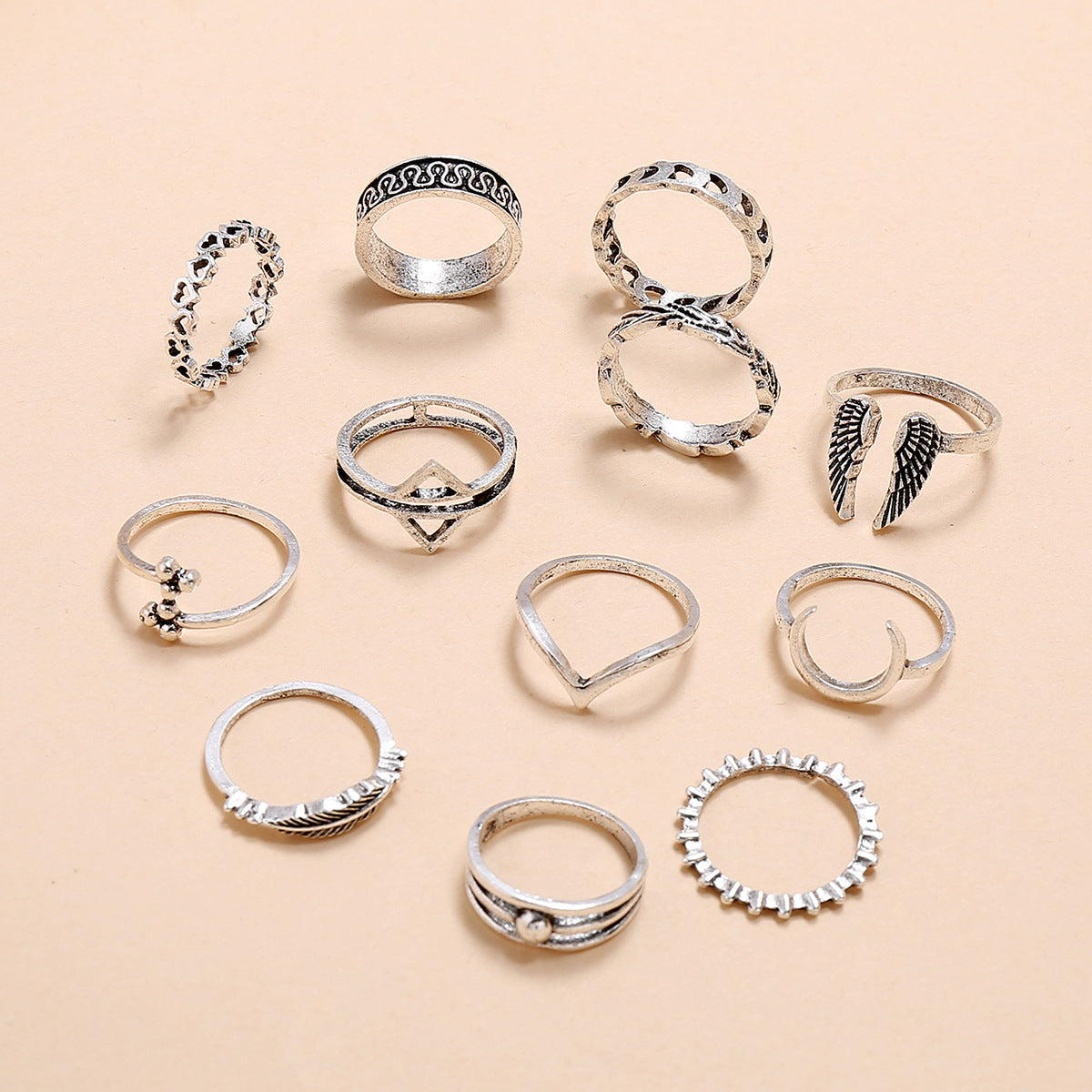 Retro Wings Triangle Moon Geometry Twelve Piece Set Ring - FASHIONKULTUR
