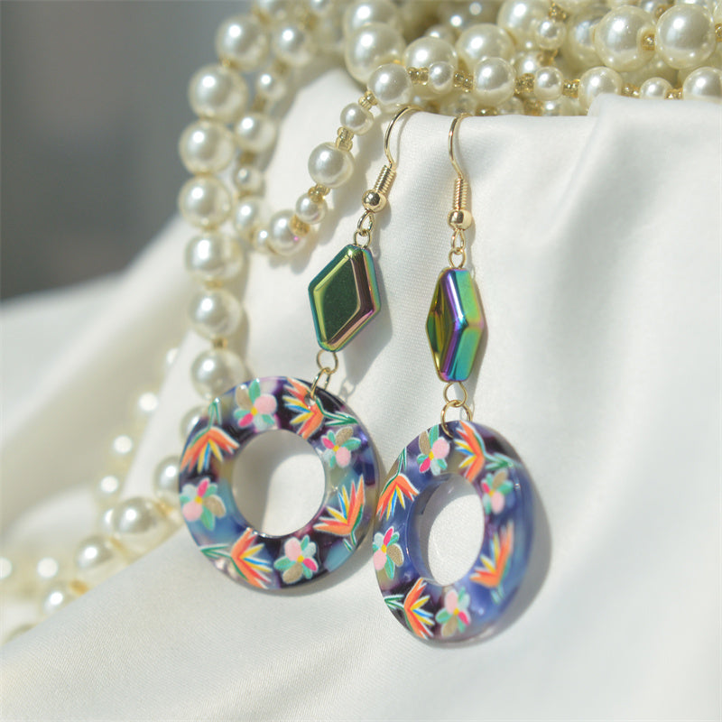 Vintage Embossed Flower Blue Circle Vacation Silver Earrings - FASHIONKULTUR