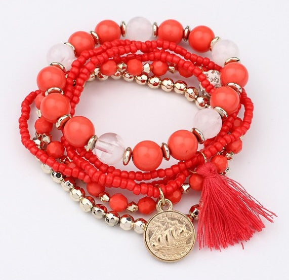 Bohemian head coin mixed color rice beads multi-layer bracelet tassel multi-layer elastic bracelet - FASHIONKULTUR