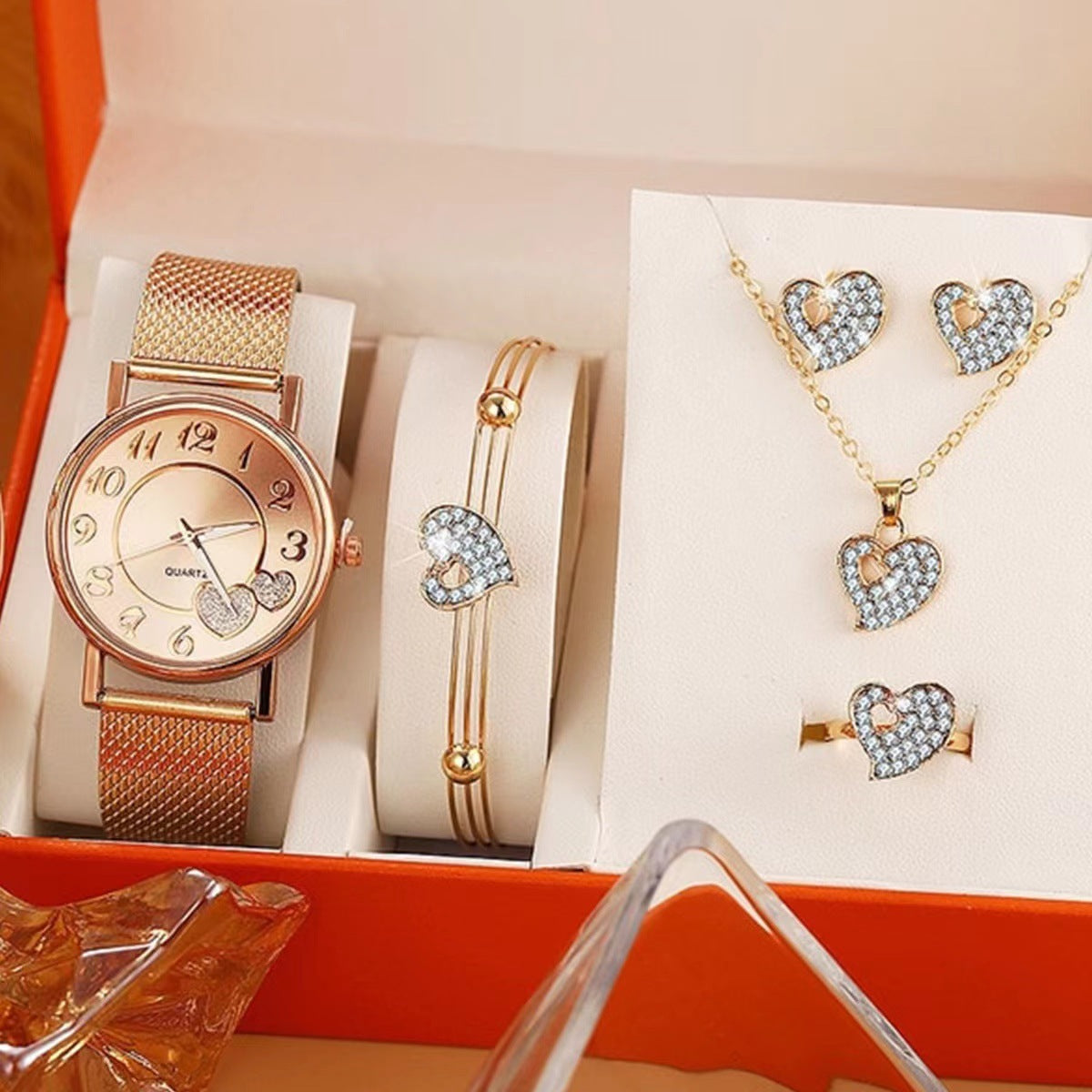 Love Plastic Mesh Bag Peach Heart Jewelry Set Women's Five-piece Set - FASHIONKULTUR