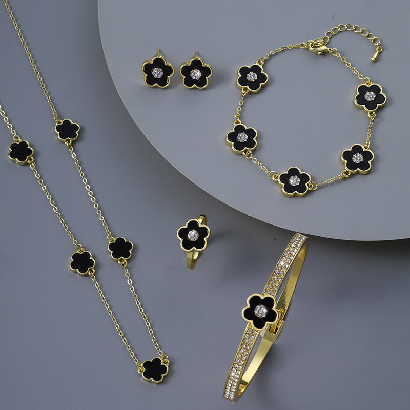 Ear Stud Necklace Set Of Five Petal Flower Jewelry European And American Five Leaves Flower Ornaments Suit - FASHIONKULTUR