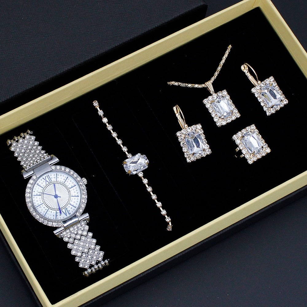 Roman Pattern Diamond-embedded Women's Watch Jewelry Gift Set Bracelet Watch Women's Light Luxury Full Diamond Good-looking - FASHIONKULTUR