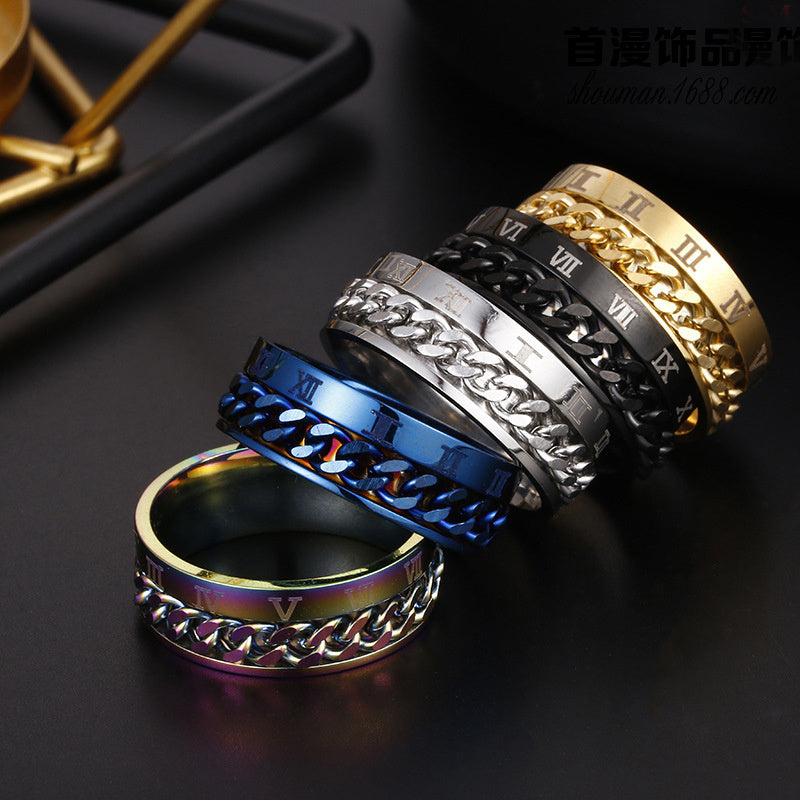 Roman Letter Chain Rings Men Digital Titanium Steel Ring - FASHIONKULTUR