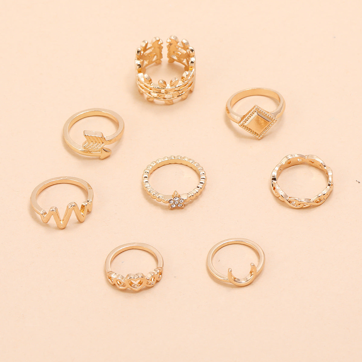 ECG Hollow Heart Star Moon Boat Anchor Square 8-piece Ring Set - FASHIONKULTUR