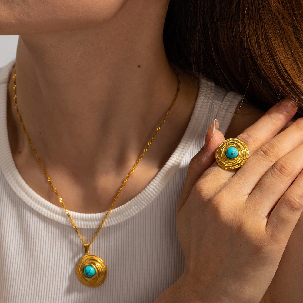Vintage Turquoise Pendant Clavicle Chain Titanium Steel Thread Necklace - FASHIONKULTUR