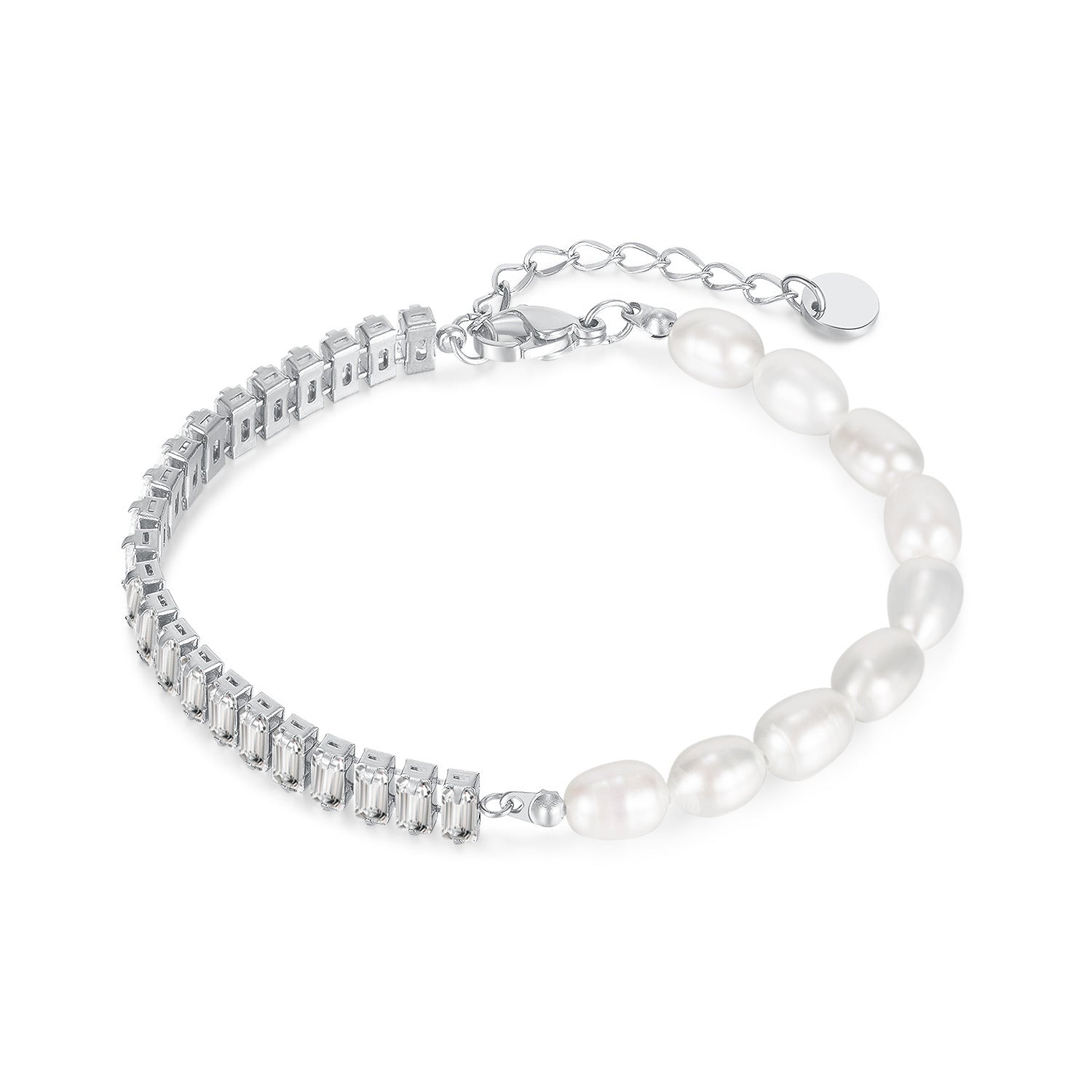 Stainless Steel Bracelet With Natural Freshwater Pearl And Chain Set Zircon - FASHIONKULTUR