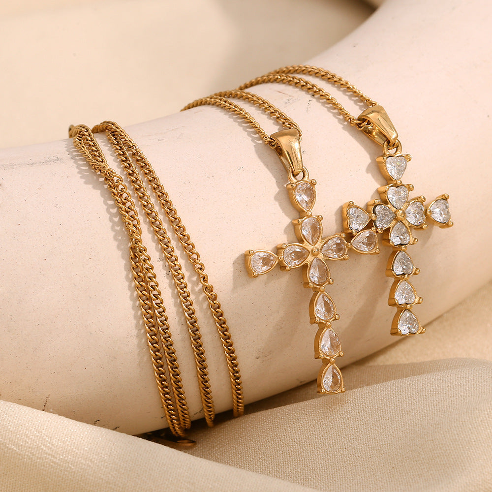 Stainless Steel 18K Gold Plated Water Drop Heart-shaped Cross Pendant Necklace - FASHIONKULTUR